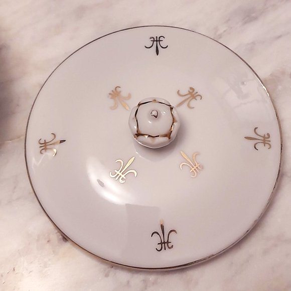 Nasco Stoneware VTG White Trinket Dish Gold Gilt Fleur de Lis Japan - Picture 9 of 13